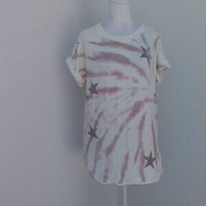 NEW Brit.NY Women's Knit Top Size Large Cream with Purple Stars Tie Dye Tee